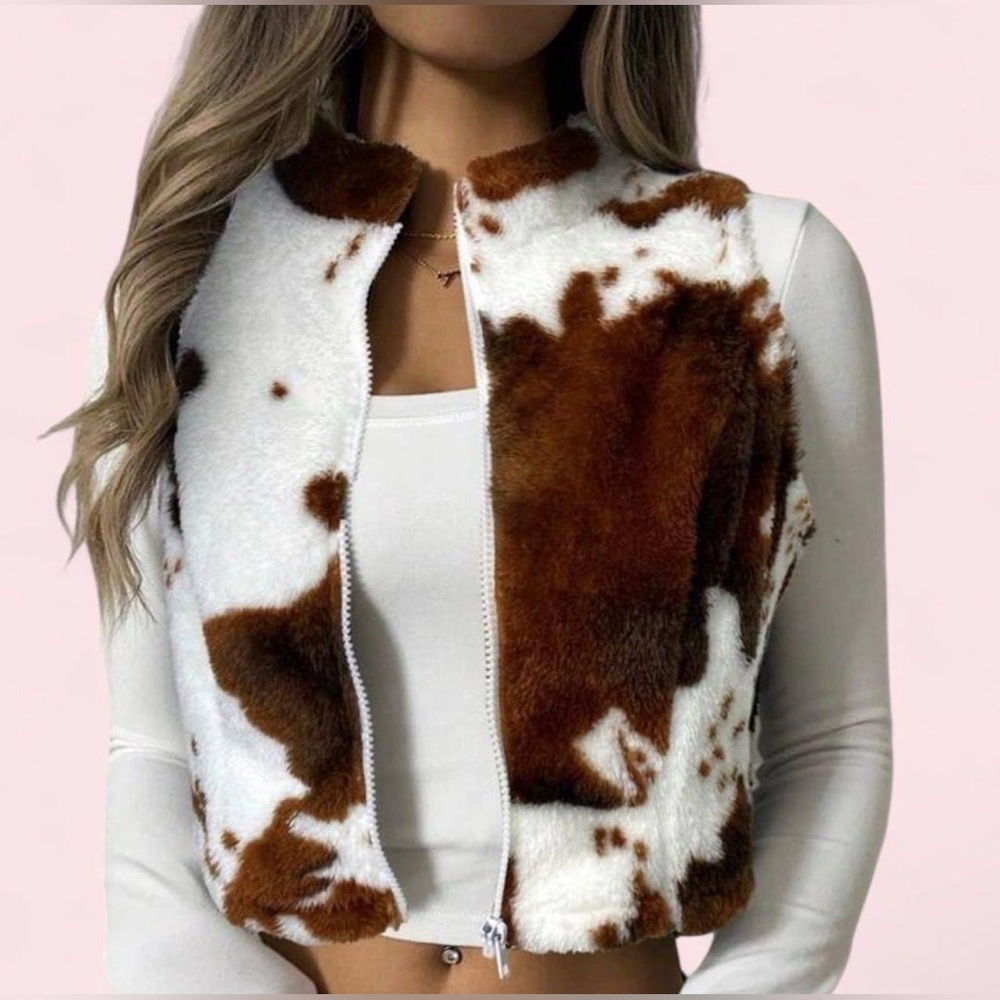 SOLD Plush Faux Fur Cow Print Vest Cropped Zip-up Y2K Western Boho - Size S